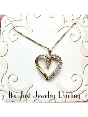Womens Necklace 10K Yellow Gold Cubic Zirconia Heart Pendant Gift Idea for Her